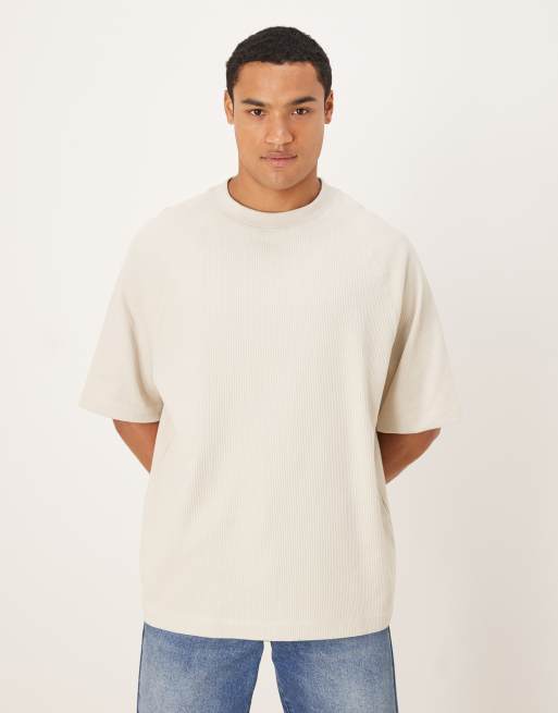 ASOS DESIGN - T-shirt oversize testurizzata premium color pietra a coste con maniche raglan