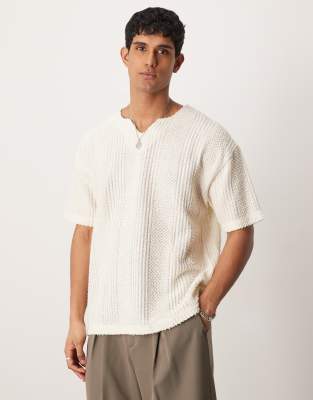 ASOS DESIGN - T-shirt oversize texturé à col V - Neutre