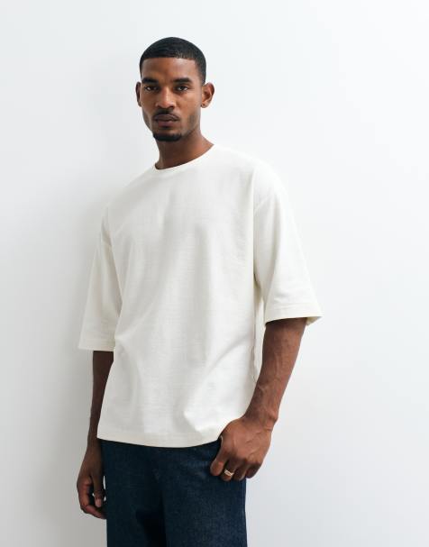 ASOS DESIGN - T-shirt oversize texturé à manches mi-longues - Crème - view 1