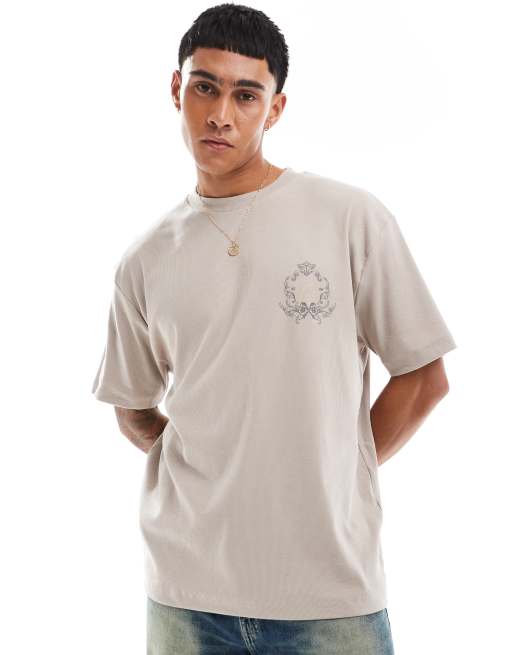 ASOS DESIGN - T-shirt oversize texturé avec imprimé sur le devant - Beige