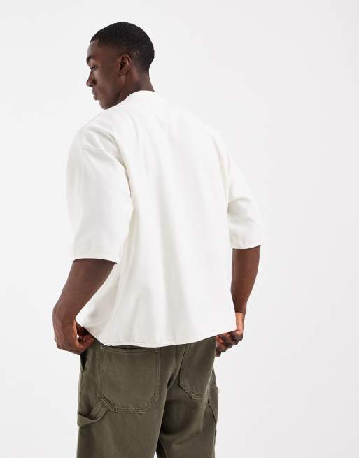ASOS DESIGN - T-shirt oversize texturé coupe carrée à col tunisien et ourlet élastique - Crème, 4 de 5