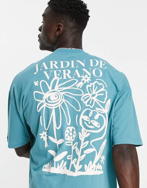 ASOS DESIGN T shirt oversize turchese con stampa di fiori sul retro ASOS