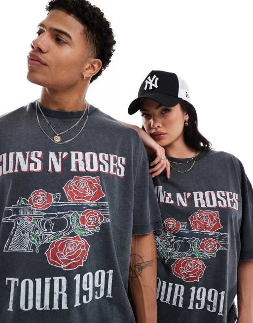 FhyzicsShops DESIGN - T-shirt oversize unisex nero slavato con stampa su licenza del tour dei Guns N' Roses del 1991