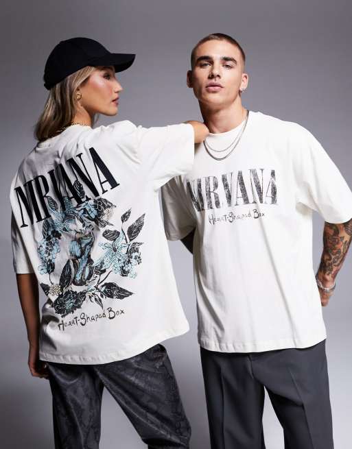 ASOS DESIGN – T-shirt oversize unisex w kolorze złamanej bieli z licencjonowaną grafiką i haftem z motywem zespołu Nirvana