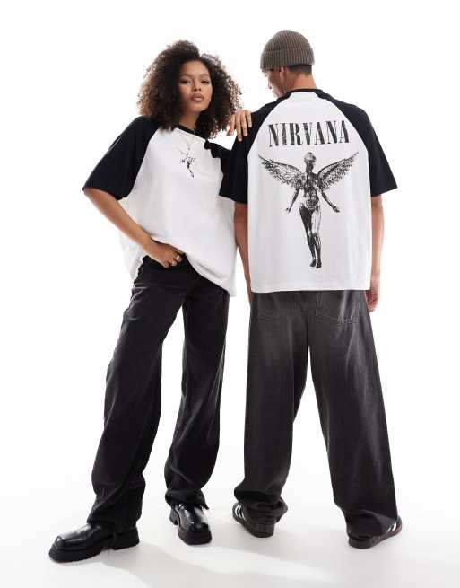 ASOS DESIGN - T-shirt oversize unisexe à manches raglan avec imprimés Nirvana sous licence - Blanc