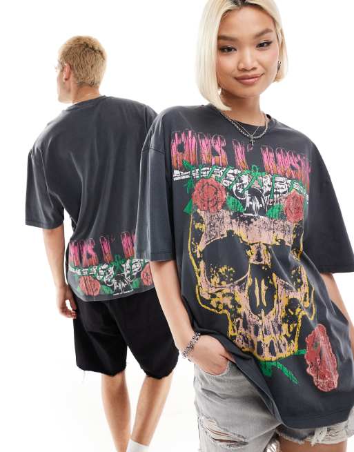 ASOS DESIGN - T-shirt oversize unisexe avec imprimés groupe Guns N Roses et tête de mort - Noir délavé