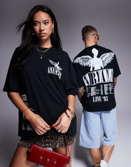 ASOS DESIGN - T-shirt oversize unisexe avec imprimés tournée Nirvana sous licence effet rongé - Noir