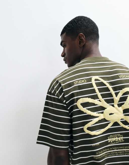 ASOS DESIGN - T-shirt oversize verde a righe con grafica floreale in rilievo, 3 di 5