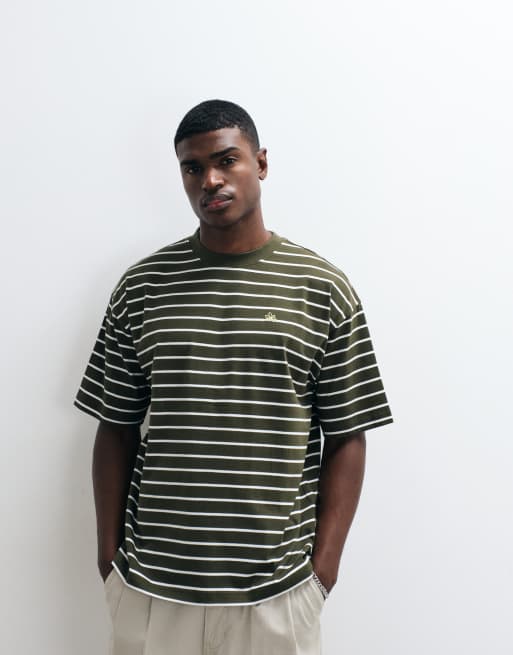 ASOS DESIGN - T-shirt oversize verde a righe con grafica floreale in rilievo, 4 di 5