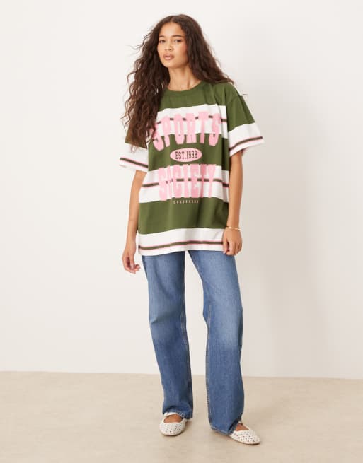 ASOS DESIGN - T-shirt oversize verde a righe con grafica "Sports Society", 2 di 4