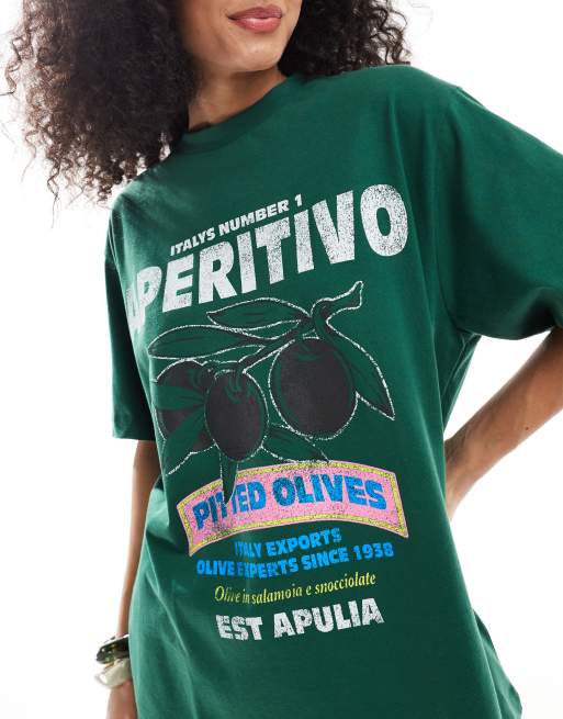 ASOS DESIGN - T-shirt oversize verde con grafica con olive, 3 di 4