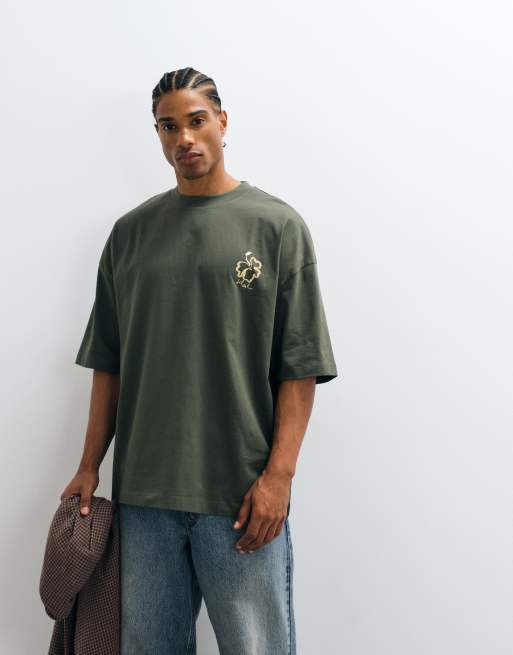 ASOS DESIGN - T-shirt oversize verde con stampa di fiore, 5 di 5