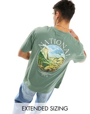 ASOS DESIGN oversized t-shirt in green with back outdoor print  - ASOS Price Checker