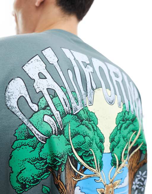 ASOS DESIGN - T-shirt oversize verde con stampa di paesaggio sul retro, 3 di 4