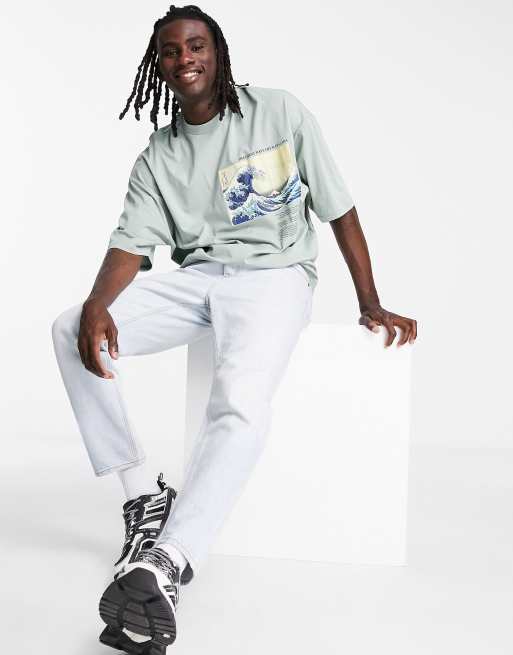 ASOS DESIGN - T-shirt oversize verde con stampa "Great Wave of Kanagawa", 3 di 4