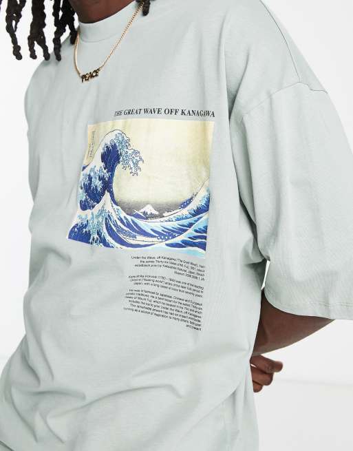 ASOS DESIGN - T-shirt oversize verde con stampa "Great Wave of Kanagawa", 4 di 4
