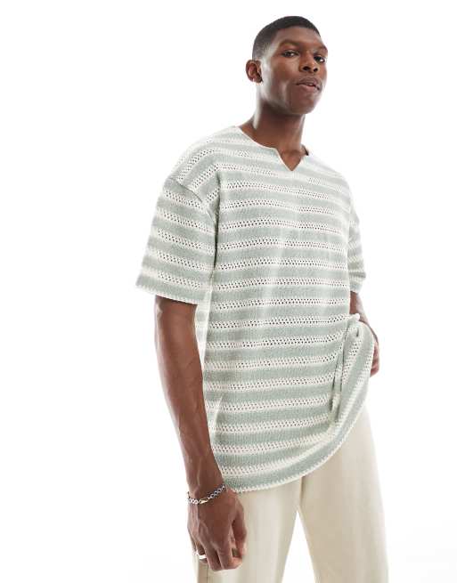 ASOS DESIGN - T-Shirt oversize verde e color crema a righe testurizzate con scollo con intaglio