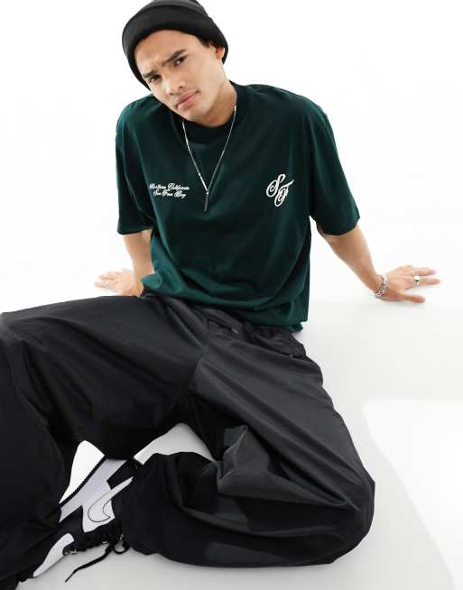 ASOS DESIGN - T-shirt oversize verde scuro con stampe sul petto