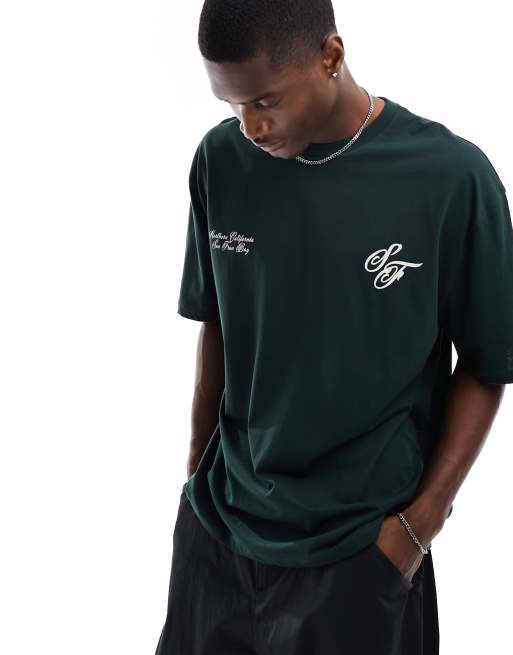 ASOS DESIGN - T-shirt oversize verde scuro con stampe sul petto