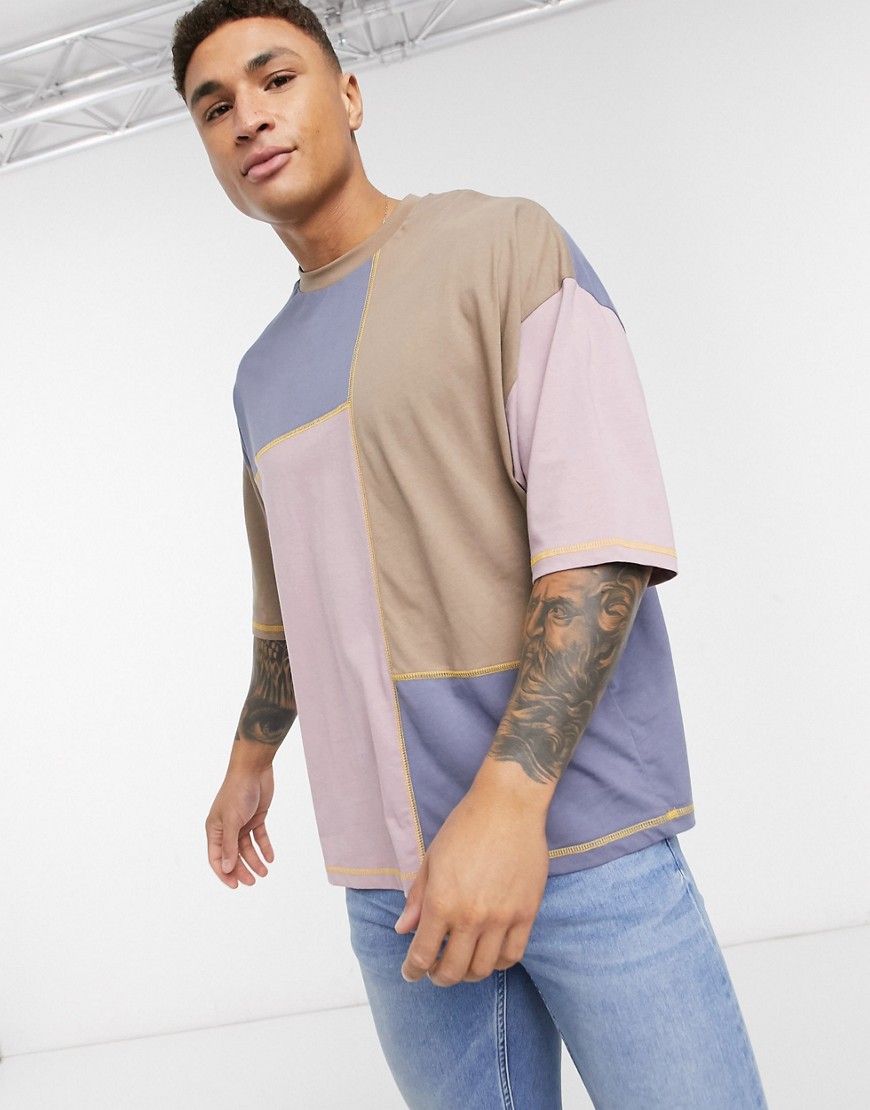 ASOS DESIGN - T-shirt oversize viola a quadri color block con mezze maniche