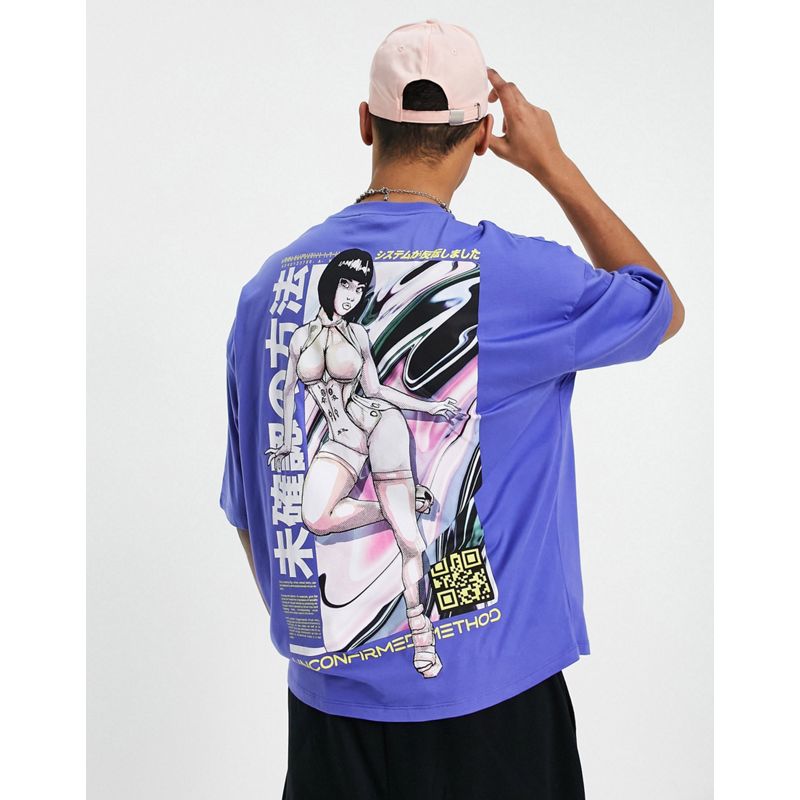 KYdYh Uomo DESIGN - T-shirt oversize viola acceso con stampa di anime sul davanti e sul retro