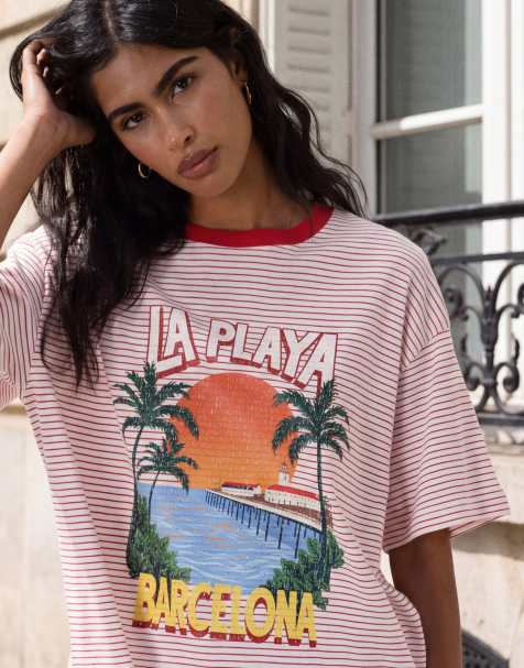 ASOS DESIGN – T-shirt oversize w czerwono-białe paski, z grafiką z napisem „La Playa" - view 1