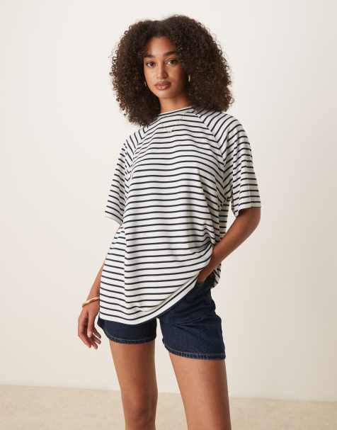 ASOS DESIGN – T-shirt oversize w granatowo-białe paski ze szwami interlock - view 1