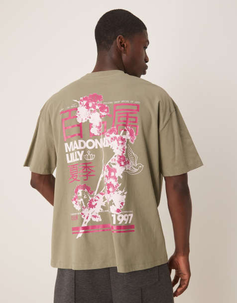 ASOS DESIGN – T-shirt oversize w jasnym odcieniu khaki z kwiatową grafiką - view 1