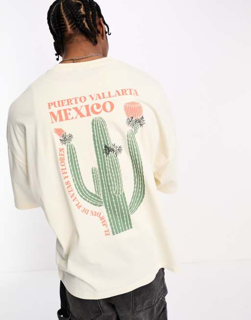 ASOS DESIGN – T-shirt oversize w kolorze ecru z nadrukiem kaktusów na plecach