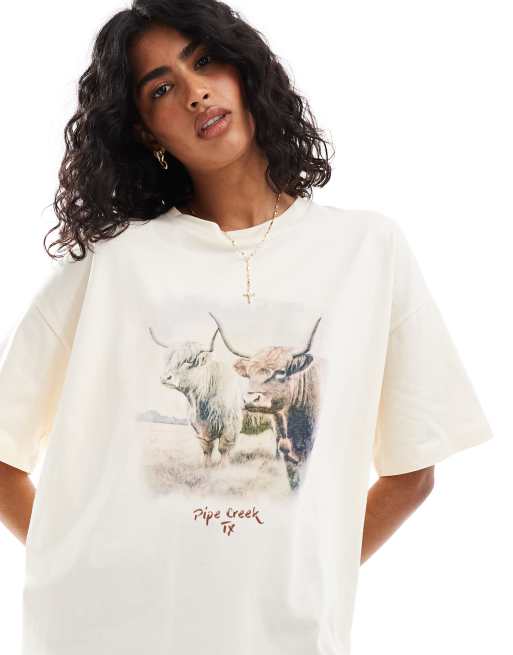 ASOS DESIGN – T-shirt oversize w kolorze ecru z nadrukiem z krową