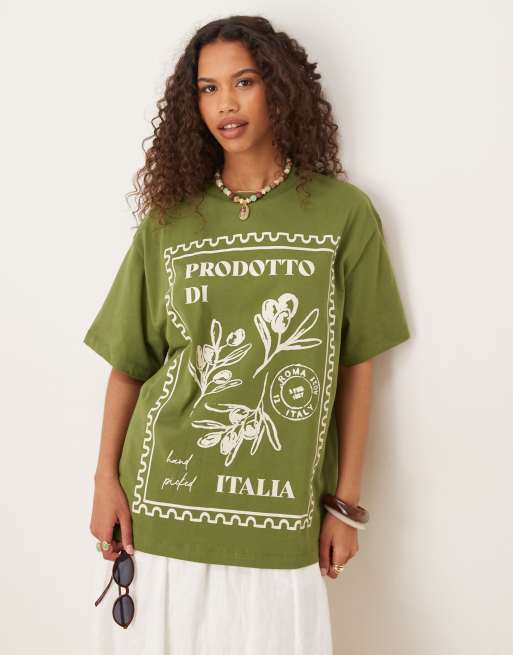 ASOS DESIGN – T-shirt oversize w kolorze khaki z grafiką z kwiatami i napisem Italia