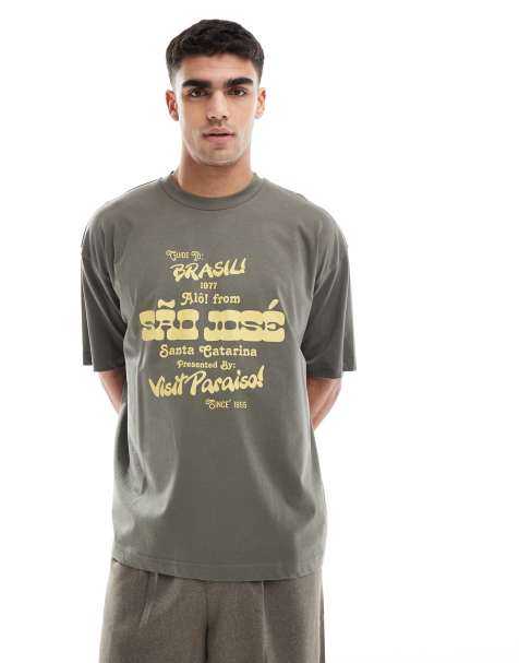 ASOS DESIGN – T-shirt oversize w kolorze khaki z grafiką z motywem miasta - view 1