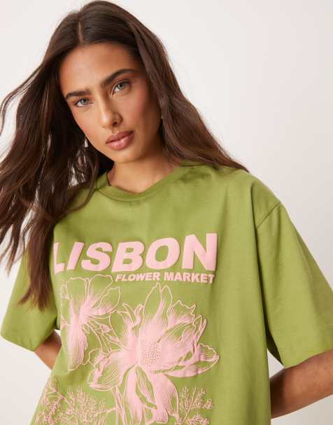 ASOS DESIGN – T-shirt oversize w kolorze khaki z grafiką z napisem „Lisbon“ - view 1