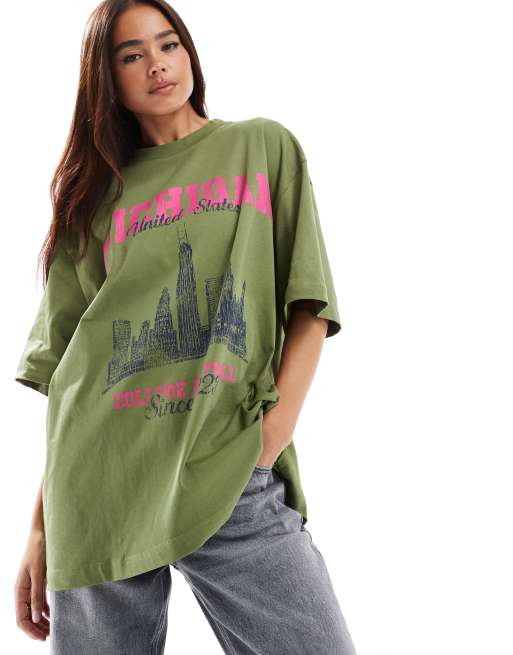 ASOS DESIGN – T-shirt oversize w kolorze khaki z grafiką z napisem „Michigan”