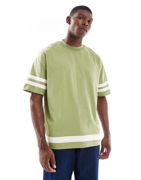 ASOS DESIGN – T-shirt oversize w kolorze khaki z rękawami do łokci i kontrastowymi paskami - view 1