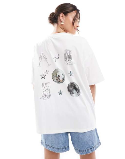 ASOS DESIGN – T-shirt oversize w kolorze kości słoniowej z dyskotekową grafiką