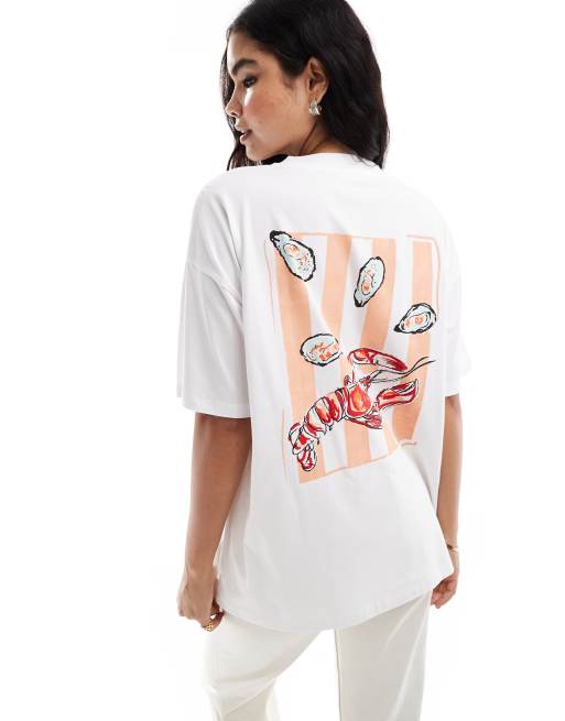 ASOS DESIGN – T-shirt oversize w kolorze kości słoniowej z nadrukiem ostryg