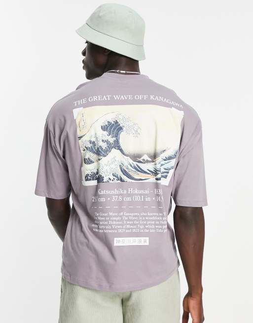 ASOS DESIGN – T-shirt oversize w kolorze spranego fioletu z nadrukiem „Great Wave of Kanagawa”