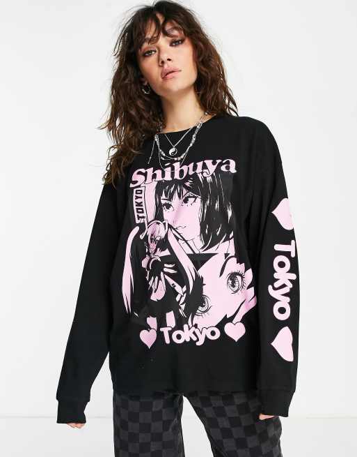 ASOS DESIGN – T-shirt oversize w kolorze spranego grafitu z długim rękawem i licencjonowanym komiksowym nadrukiem Tokyo