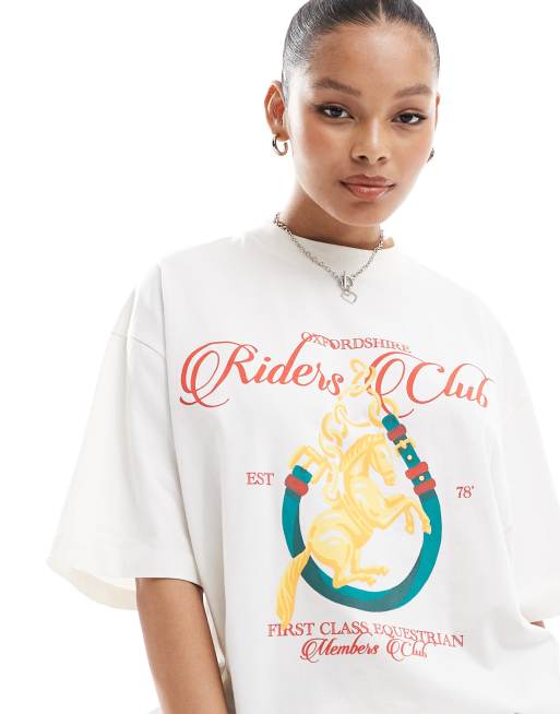 ASOS DESIGN – T-shirt oversize w kolorze złamanej bieli z grafiką z motywem koni