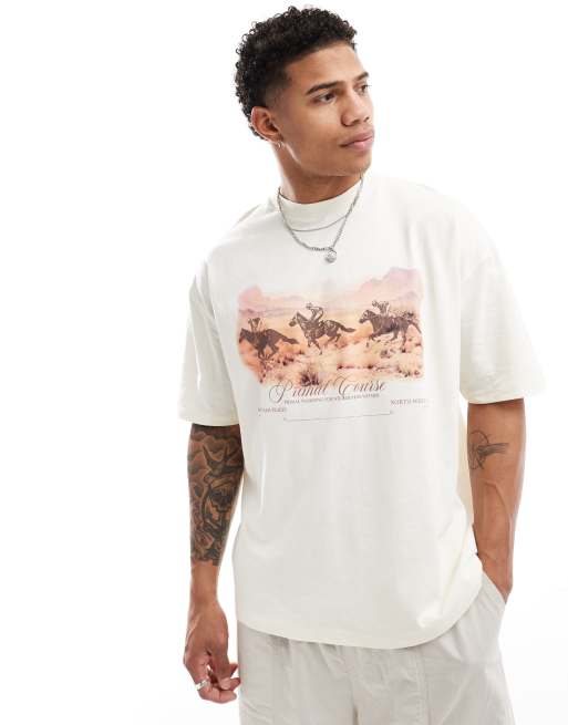 ASOS DESIGN – T-shirt oversize w kolorze złamanej bieli z krajobrazową grafiką z przodu