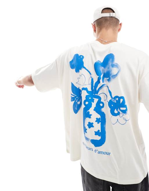 ASOS DESIGN – T-shirt oversize w kolorze złamanej bieli z nadrukiem kwiatów na plecach