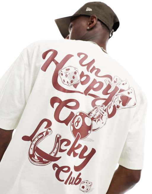 ASOS DESIGN – T-shirt oversize w kolorze złamanej bieli z nadrukiem Lucky Club na plecach