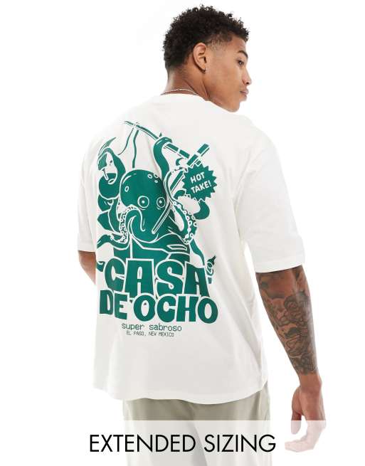 ASOS DESIGN – T-shirt oversize w kolorze złamanej bieli z nadrukiem ośmiornicy na plecach