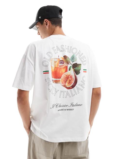 ASOS DESIGN – T-shirt oversize w kolorze złamanej bieli z nadrukiem z drinkiem na plecach