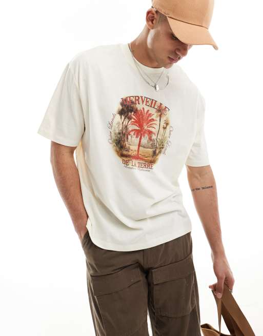 ASOS DESIGN – T-shirt oversize w kolorze złamanej bieli z nadrukiem z motywem krajobrazu na piersi