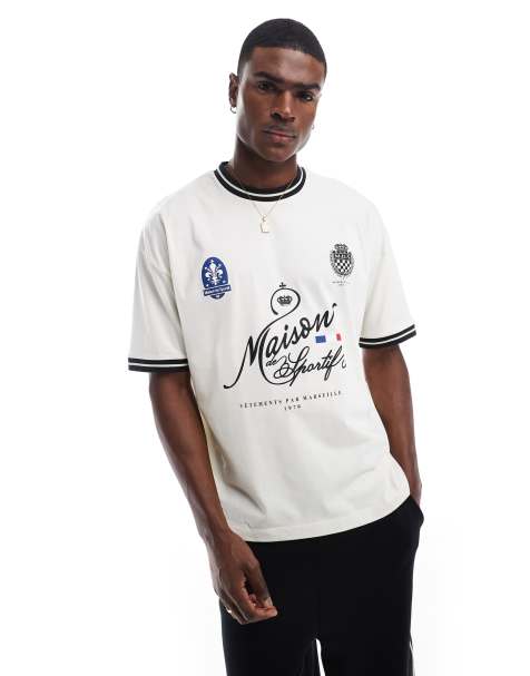 ASOS DESIGN – T-shirt oversize w kolorze złamanej bieli ze sportowym nadrukiem z przodu - view 1