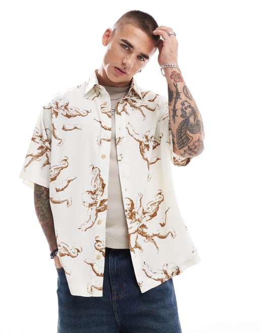 ASOS DESIGN – T-shirt oversize w neutralnym kolorze ze wzorem w cherubiny
