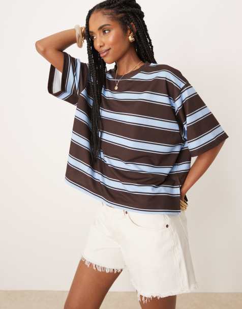 ASOS DESIGN – T-shirt oversize w niebieskie i brązowe paski - view 1
