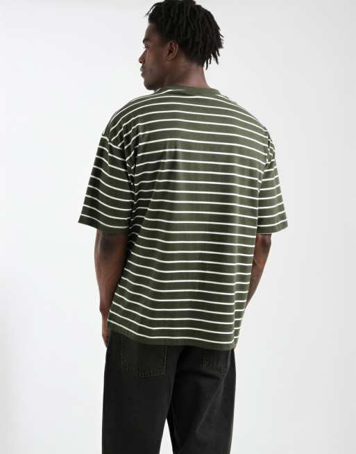 ASOS DESIGN – T-shirt oversize w paski w kolorze khaki i ecru, 3 z 5